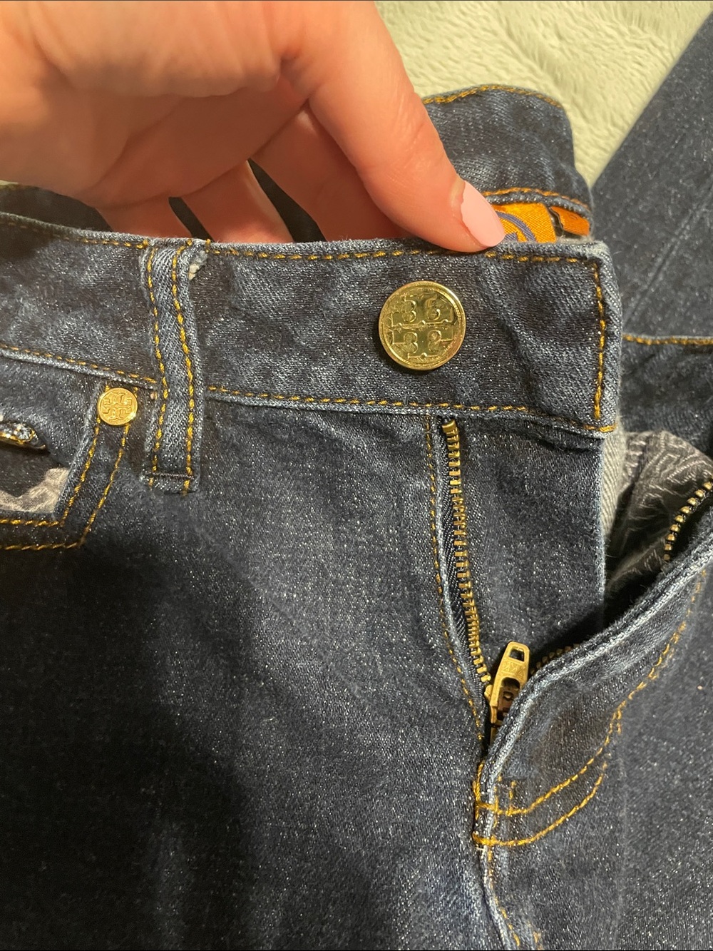 Tory Burch Dark Indigo Straight-Leg Jeans with Gold Button - Picture 3 of 5